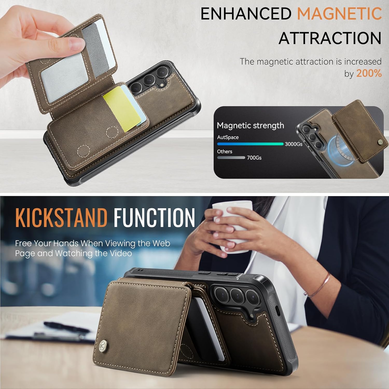 Compatible with Magsafe for Samsung Galaxy S25 Wallet Case Magnetic Card Holder, RFID Blocking 2 in 1 Detachable Kickstand Shockproof Case for Women Men, Brown