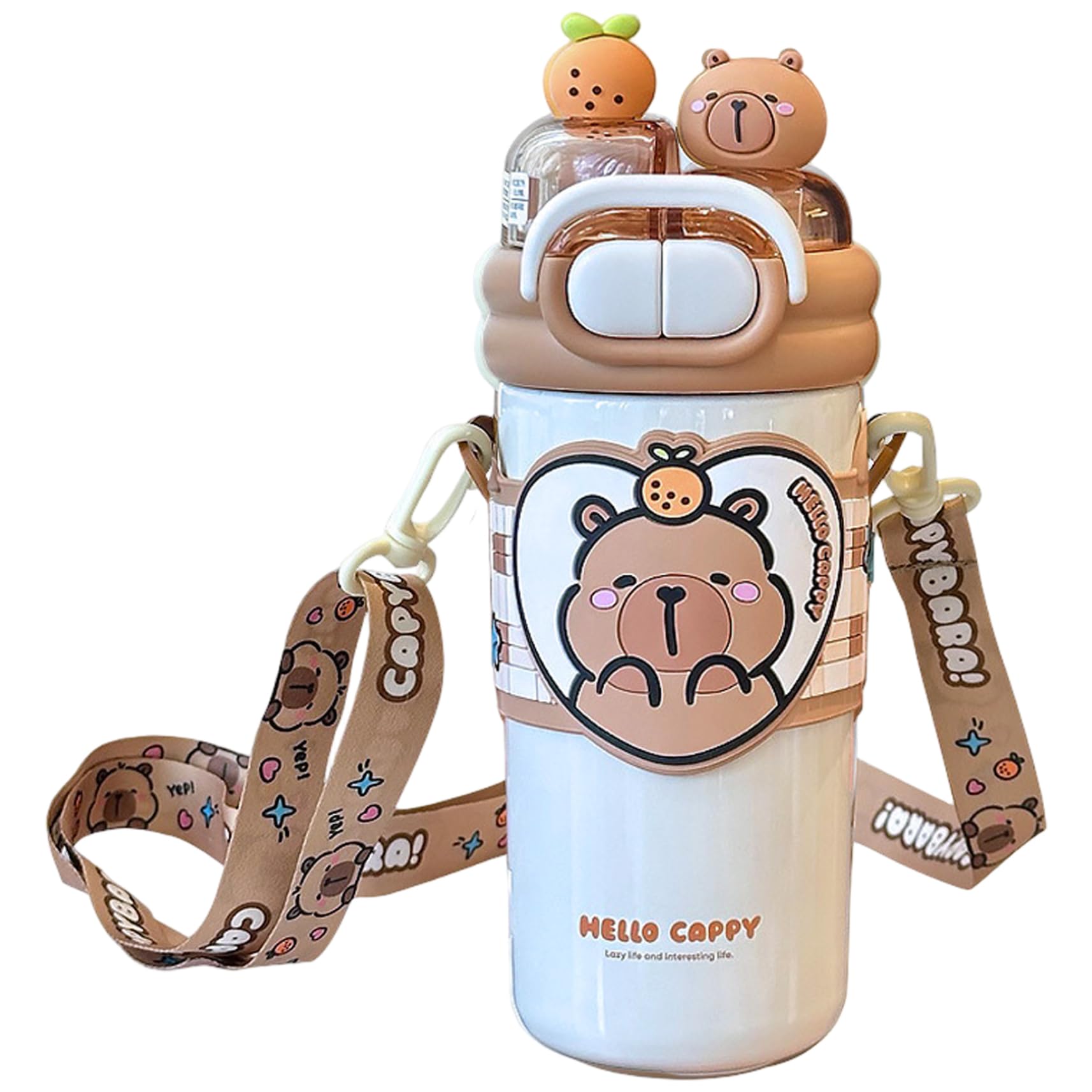HoveeLuty Capybara Water Bottle, 520ml Stainless Steel Double-Drinking Kawaii Water Bottle with Straw and Adjustable Strap for School Office Travel, Light Brown with Straw Cute