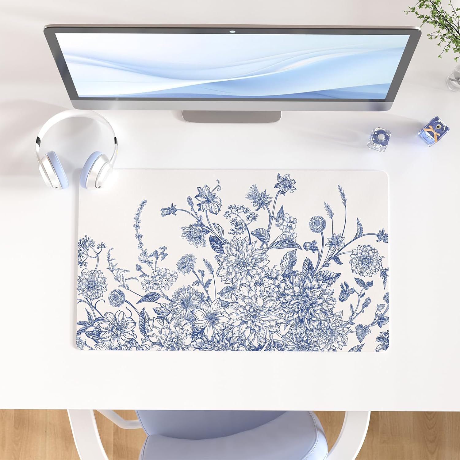 Faux Leather Large Mouse Pad, Office Desk Mat, 23.6"x13.8", Blue Flowers