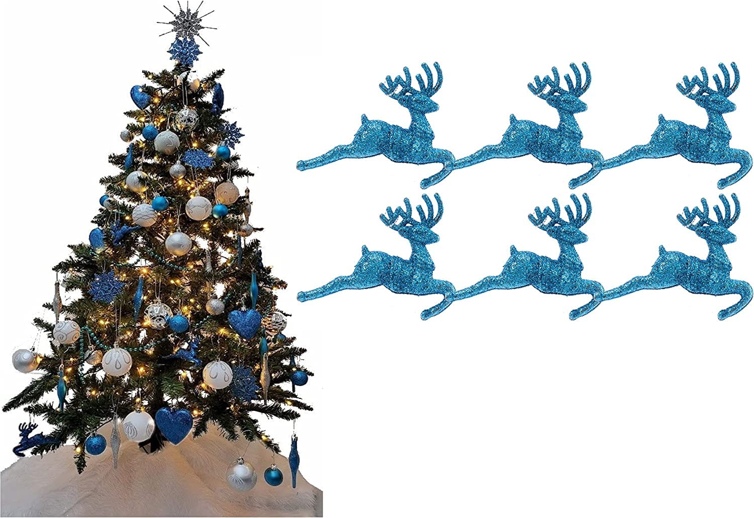 Ukdeals Direct Pack Of 6 Reindeer Ukdeals Direct® Turquoise Collection Christmas Droplet Baubles Tree Decorations Glitter Matt Icicles & Reindeer (Pack Of 6 Reindeer)