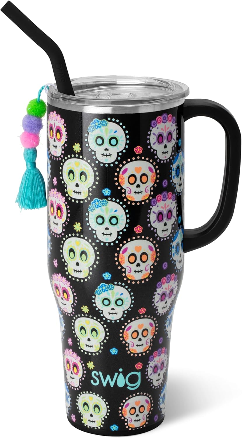 Swig Life 40oz Mega Mug, 40 oz Tumbler with Handle and Straw, Cup Holder Friendly, Dishwasher Safe, Extra Large Insulated Tumbler, Stainless Steel (Sugar Skulls)