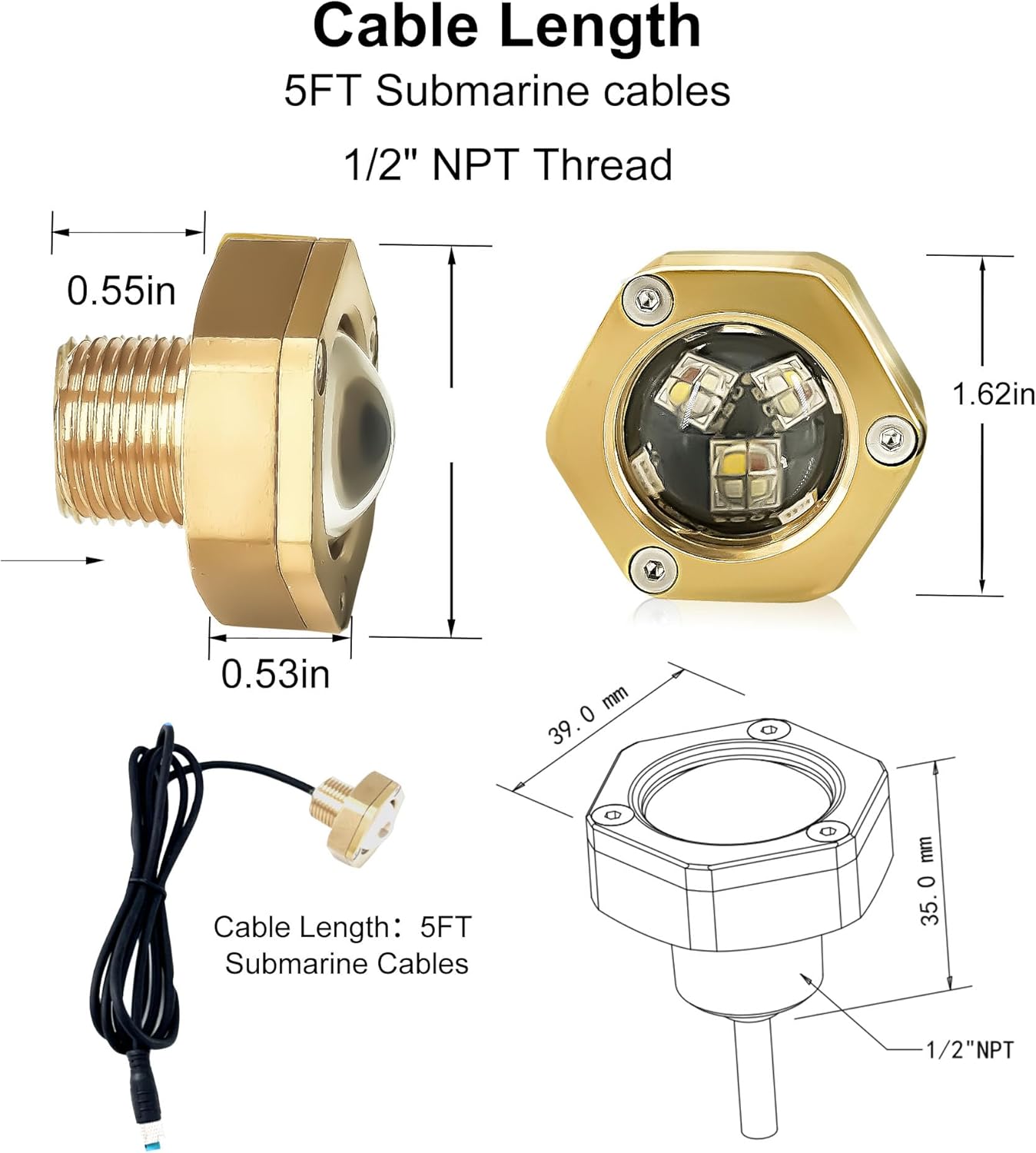 Standard 1/2" NPT Boat Drain Plug Lights IP68 Underwater Green LED Trailer Lights with APP& RF Control for Boat Pool Yacht Fishing, with a 1.5m Extension Cord, with The Smart Cooling Systen