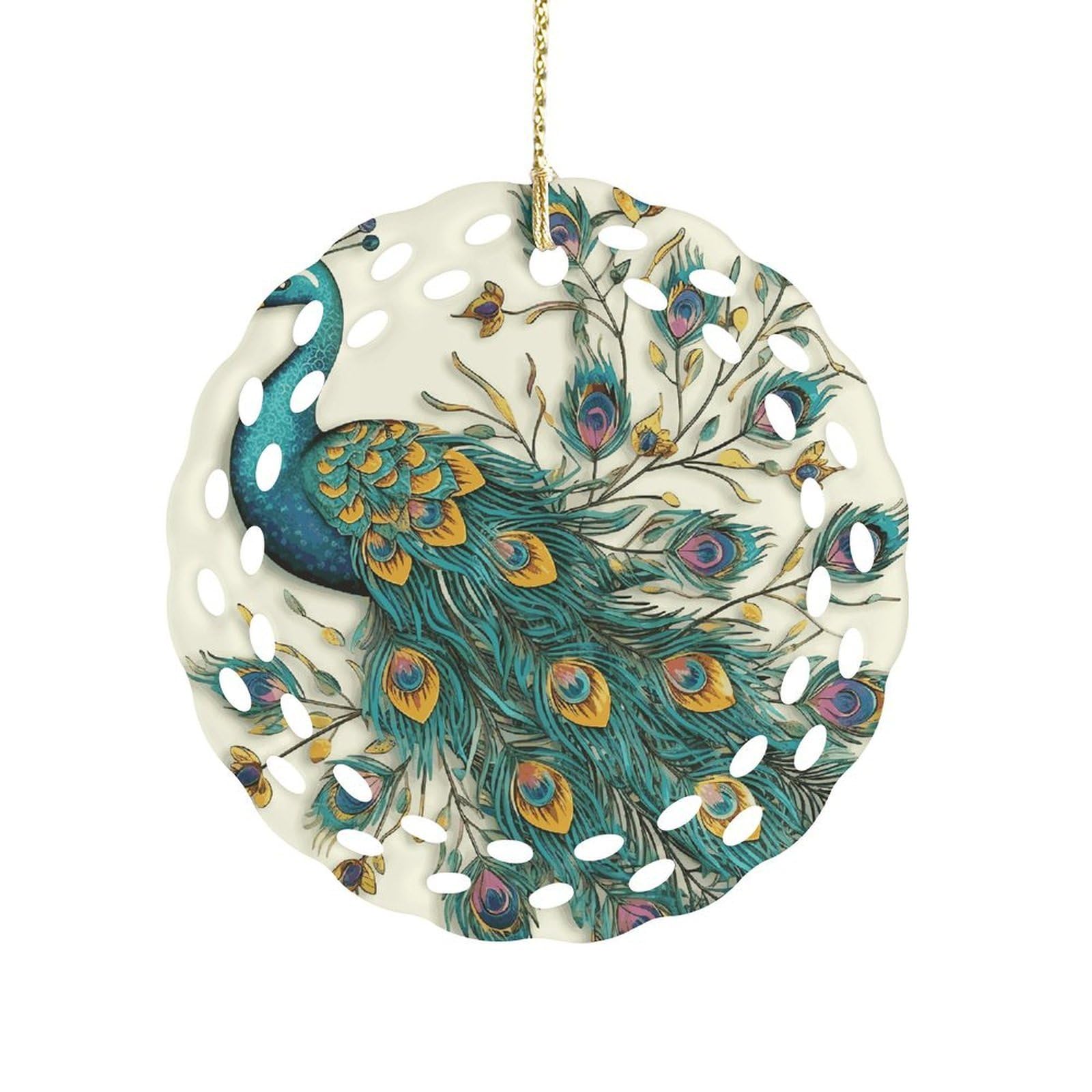 Peacock Pattern Christmas Ornament Holiday Hanging Decoration Xmas Tree Keepsake Personalized Xmas Tree Ornament Round Ceramic Ornaments for Keepsake Gifts Ideas Home Decor