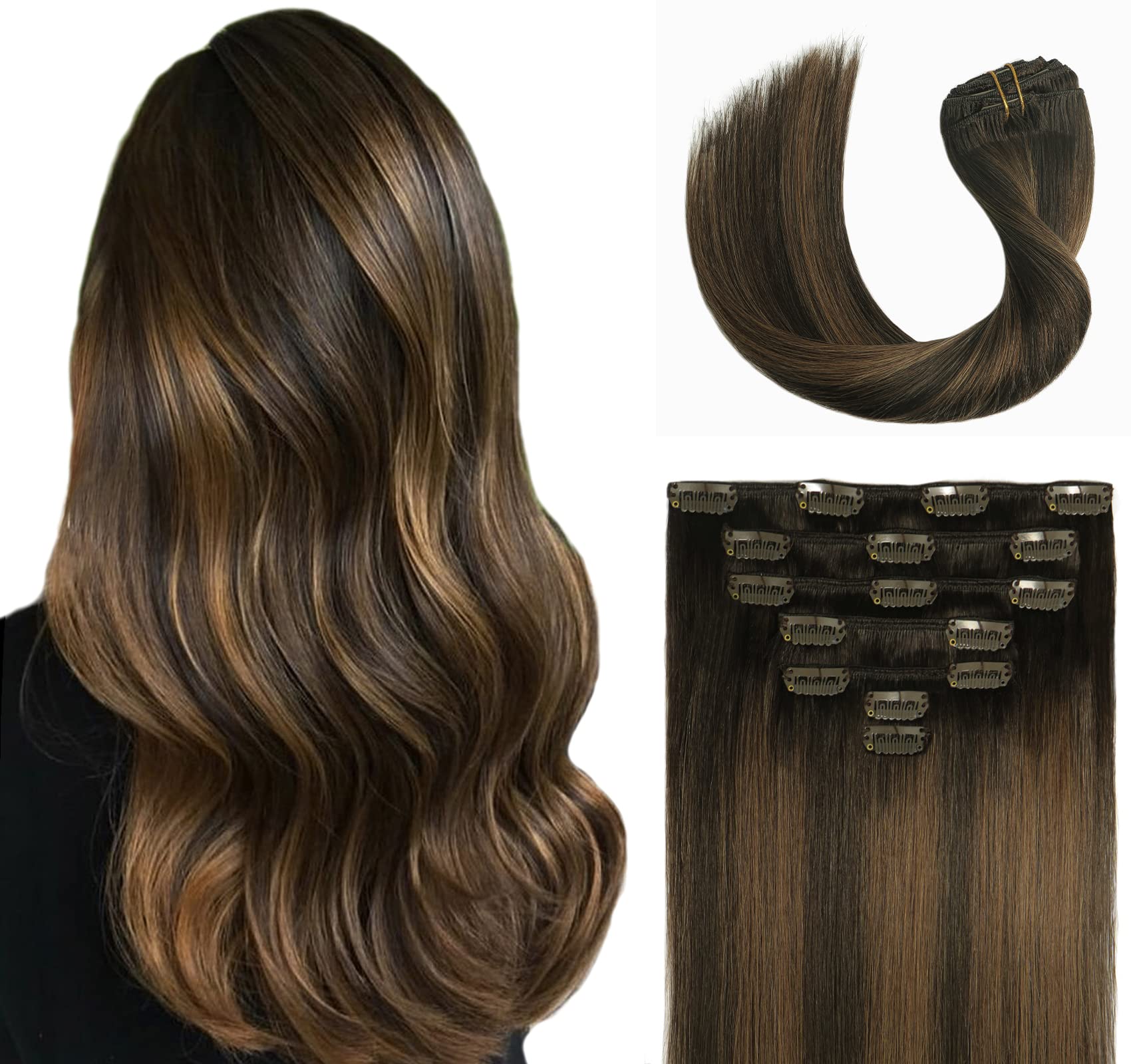 Amazon.com : VARIO HAIR Clip in Natural Hair Extensions Dark Brown mix with  Chestnut Brown Ombre 12 Inch Straight Thick Hair 70g 7pcs 100% Brazilian  Clip in Human Hair extensions for women :