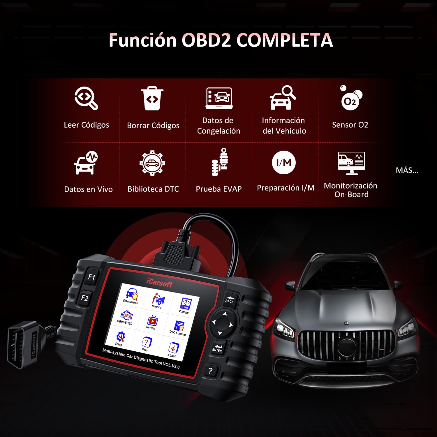 iCarsoft Vol V3.0 OBD2 Máquina Diagnosis Coche para Volvo/SAAB, Bidireccional Escáner de Todo el Sistema, 39 Funciones Reinicio, Prueba de Batería, Vin Automático, Actualizaciones de por Vida