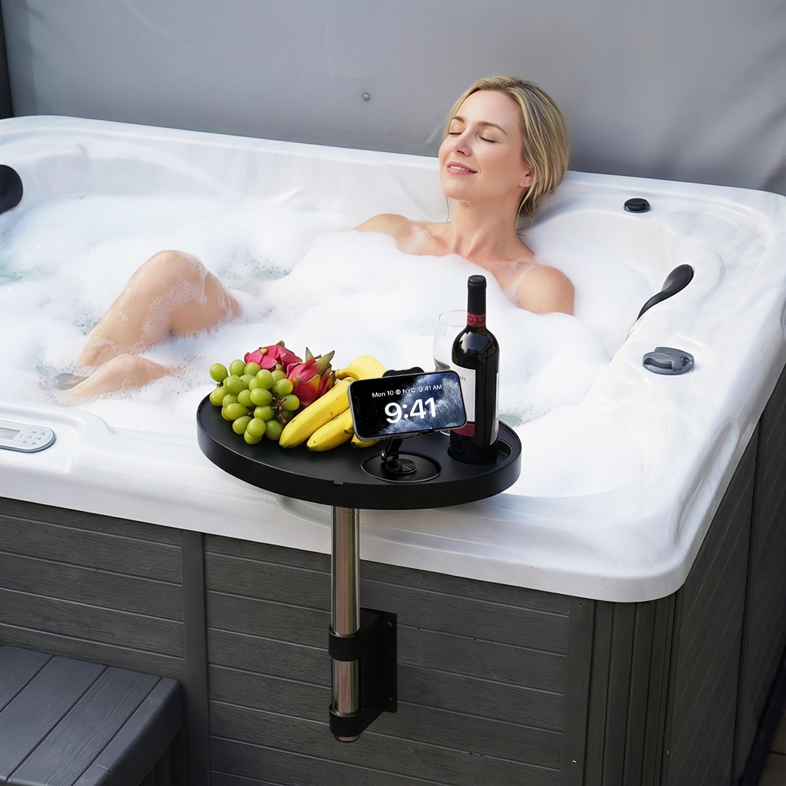 Plateau de jacuzzi avec support de téléphone, table d'appoint spa avec porte-gobelets, rotation à 360°, accessoire réglable pour jacuzzi extérieur et jacuzzi