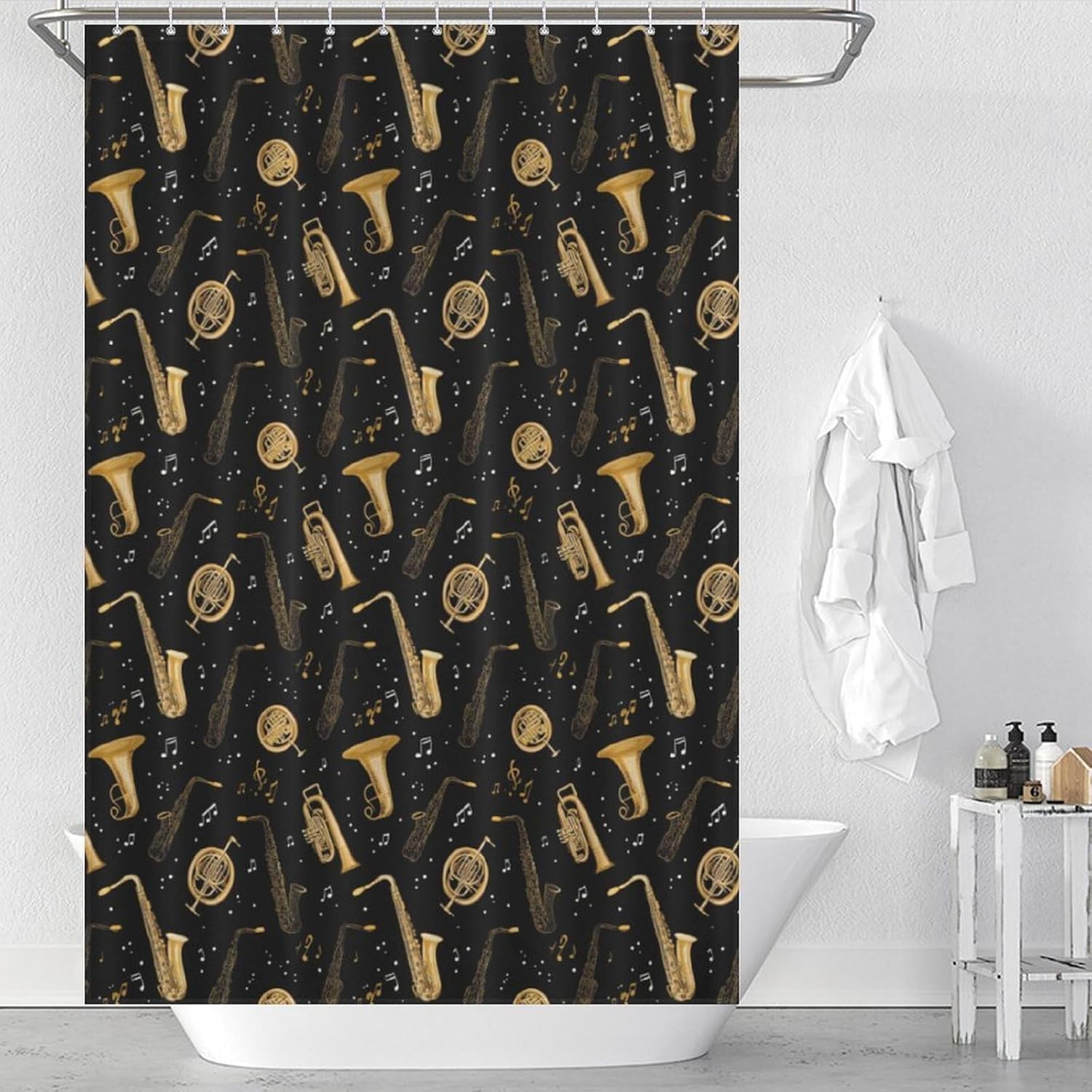 Music Trombone Saxophone Shower Curtain 46.85x70.87Inch（119x180cm） Polyester Bath Curtain Shower Curtains Printed Decorative
