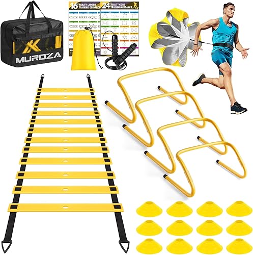 Miniatura 9 de Agility Ladder, Agility Speed Training Equipment Set, 20ft Speed Ladder, 12 Soccer Cones, 4 Hurdles, Jump Rope, Running Parachute, Soccer Football