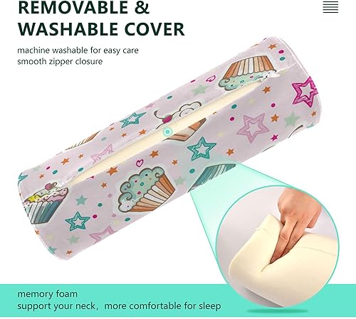 Miniatura 3 de JUNZAN Cartoon Kawaii Desserts Cupcakes Stars Pink Bolster Pillow Headboard Neck Roll Pillow Cover Lumbar Round Pillow for Neck Roll Covers with