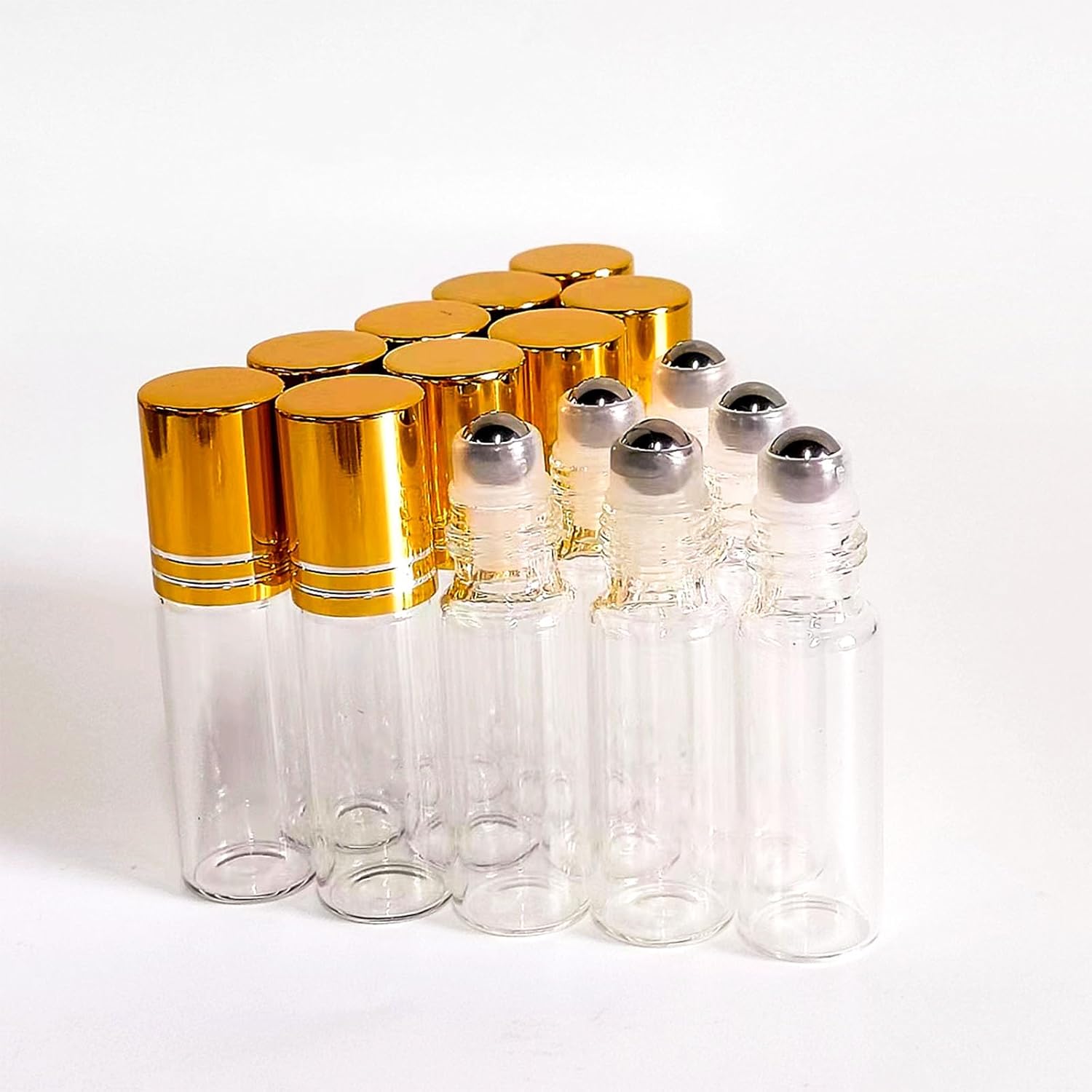 50 PCS 5ml Clear Glass Essential Oil Roller Bottles with Stainless Steel Roller Ball,Gold Caps,for Travel Perfume-2 Funnels, 2 Dropper, 1 Opener (5ml)