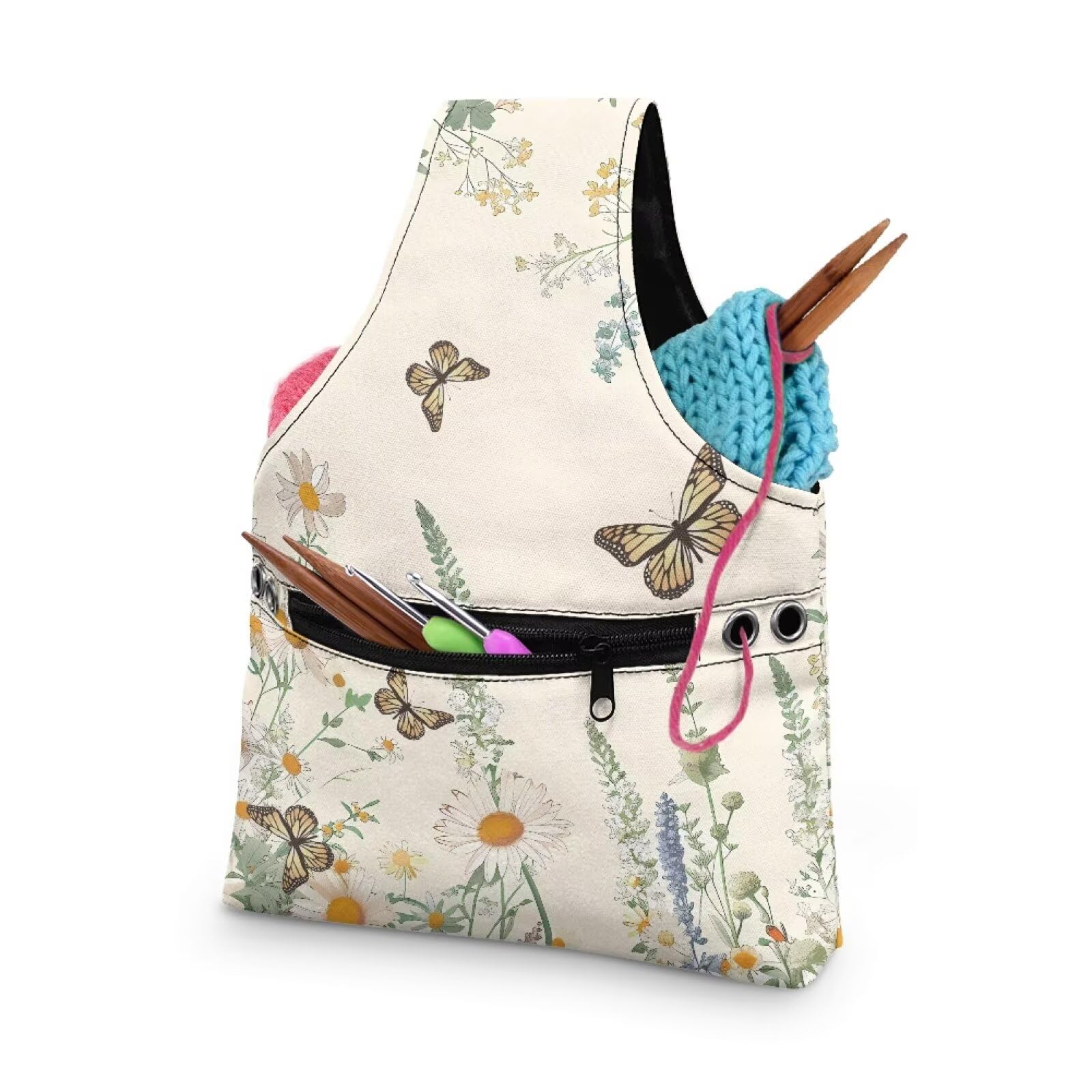 ZUXONGSY Daisy Knitting Crochet Tote Bag Butterfly Knitting Yarn Storage Bag Organizer Lightweight Vintage Yarn Handbag with Holes for Crochet