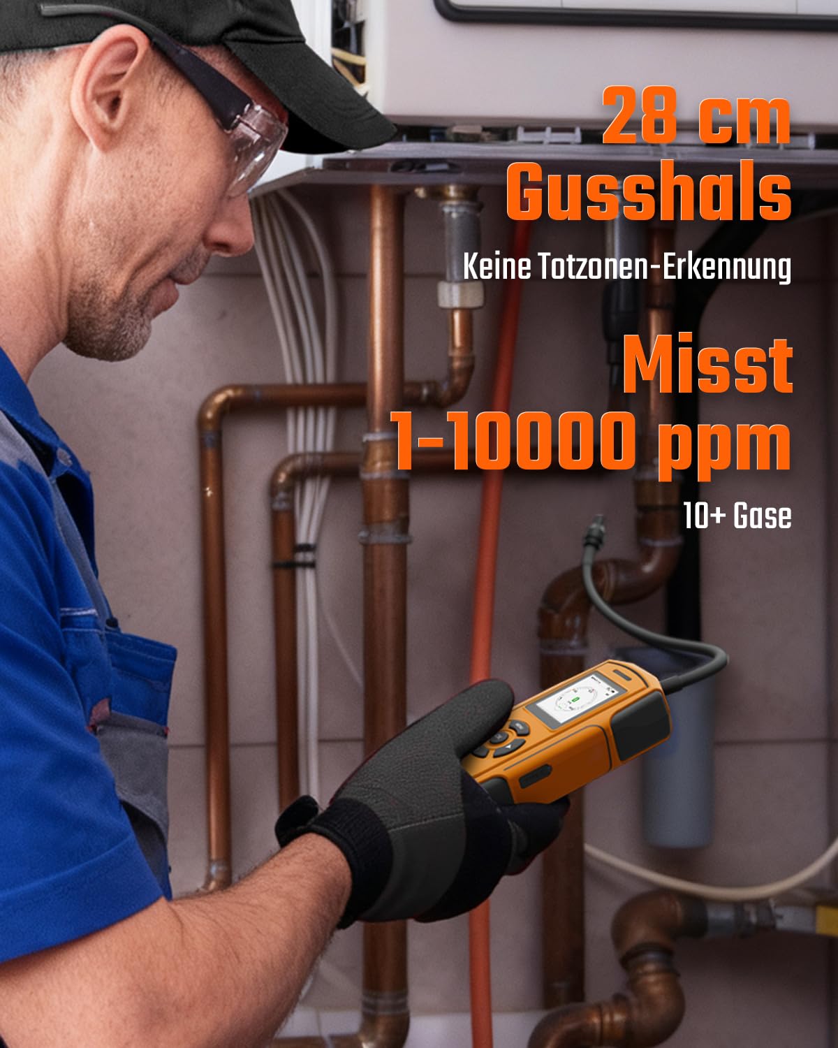 TopTes PT-990 Wiederaufladbarer Gasleckdetektor mit 28cm Flexibler Sonde, Erfassungsbereich 0-10000 ppm, Datenprotokollierung und 3 Alarmarten, Gasmelder für Propan, Methan für Industrie - Orange