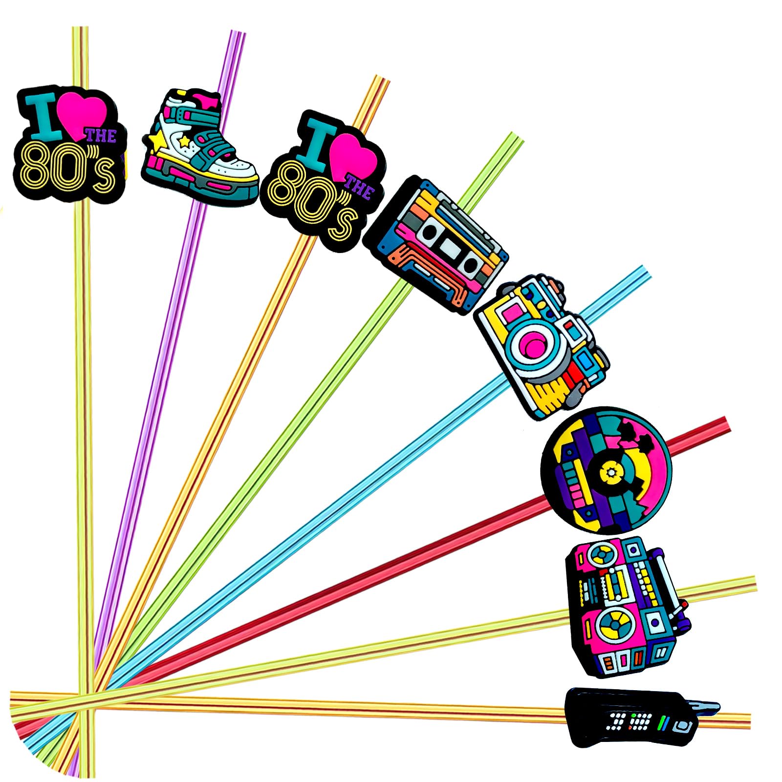24pcs 80s Party Decorations Retro Straws Hip Hop Themed Music Party Favors Straws 80s Radio Speaker Phone Tape Straw Decorations Party Supplies With 2