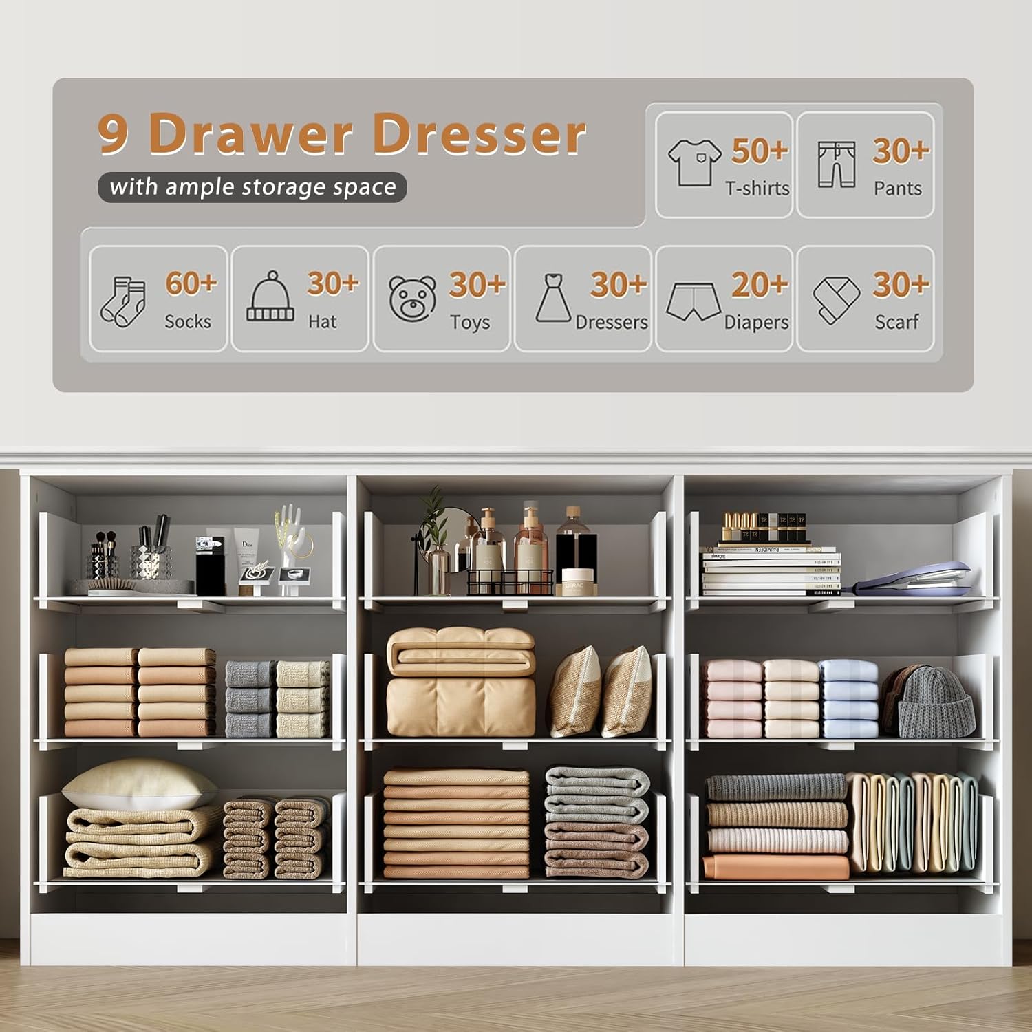 9 Drawer Dresser for Bedroom, 63" Wide White Drawers Large Wood Chest of Drawers Organize with Metal Handle, Modern Dresser for TV Stand, Living Room Office, Hallway, Ball Bearing Slide