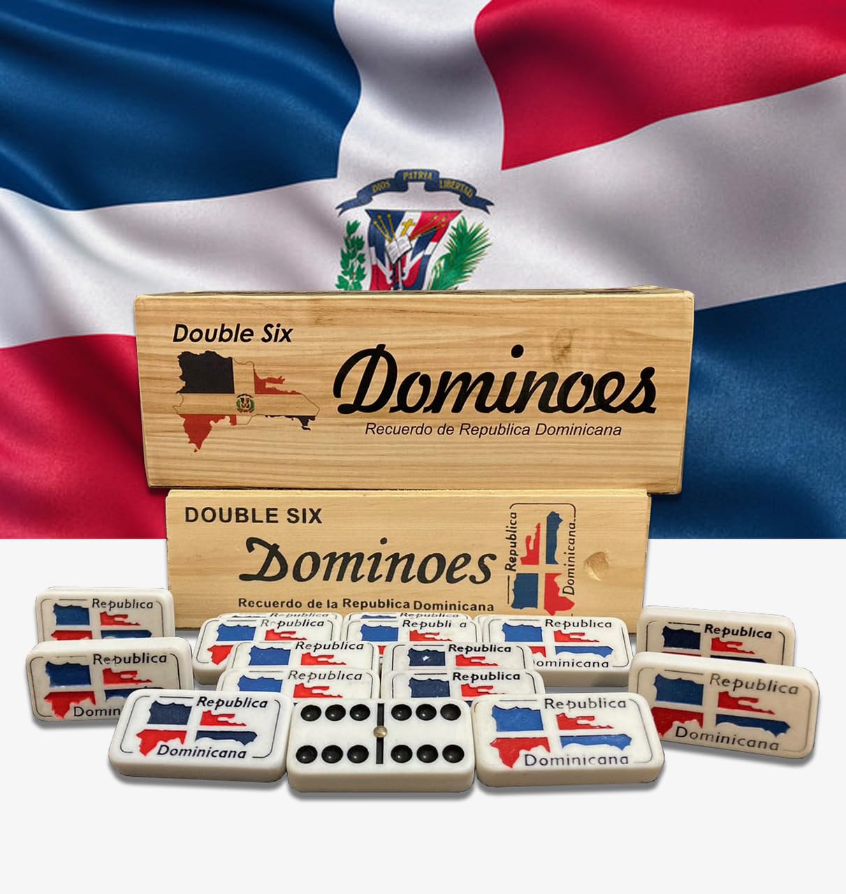 PRK 14 Dominican Republic Dominoes Double Six Novelty Set with Dominican Republic Flag Design - Ideal for Parties 1 Set med Size Domino
