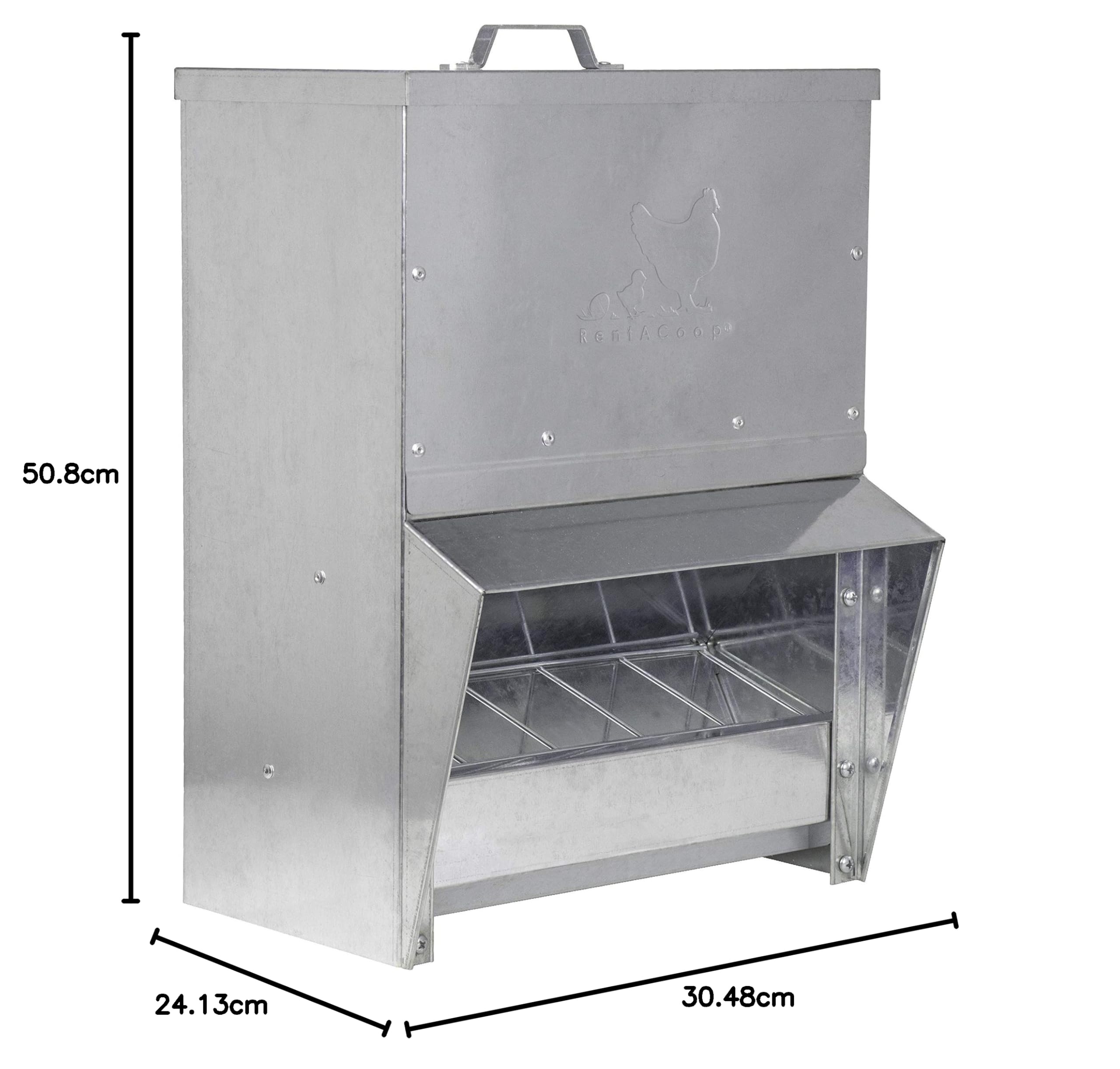 RentACoop Comedero galvanizado para pollo, dispensador de alimentos para aves de corral resistente a la intemperie con tapa, capacidad de 25 libras