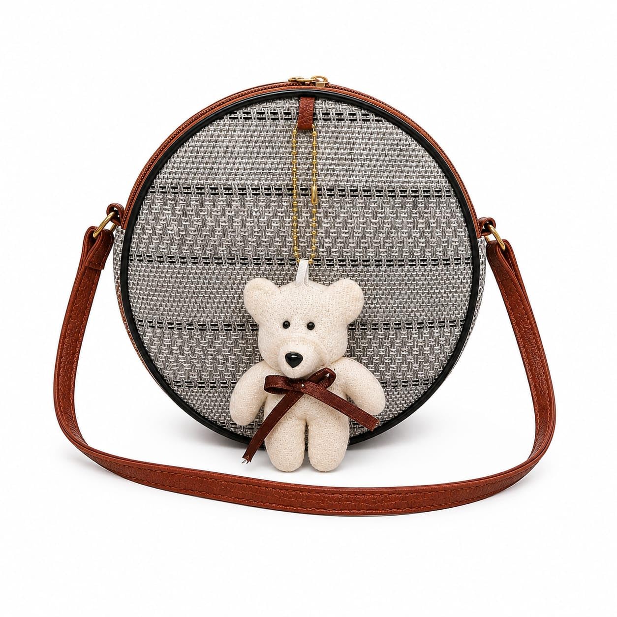 Women's Round Jacquard Woven Crossbody Bag with Cute Teddy Bear Charm | Boho Circle Shoulder Sling Bag | Casual Bag for Women Girls & Teens-image-16