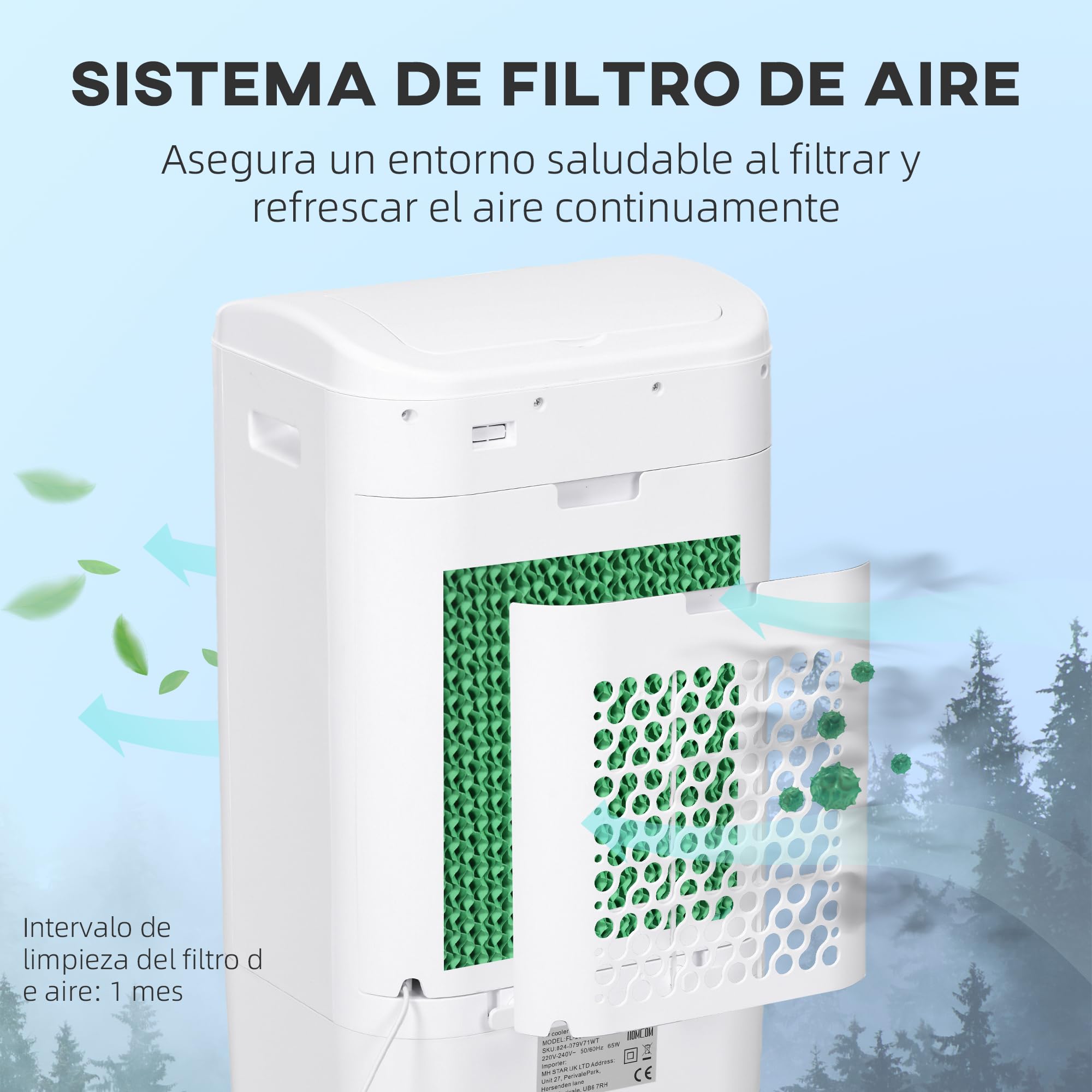 HOMCOM Climatizador Evaporativo 3 en 1 15L con Humidificador y Ventilador Portátil, 3 Velocidades, Temporizador 7,5H, Control Remoto, Oscilación 60°, 37x32x78 cm Blanco