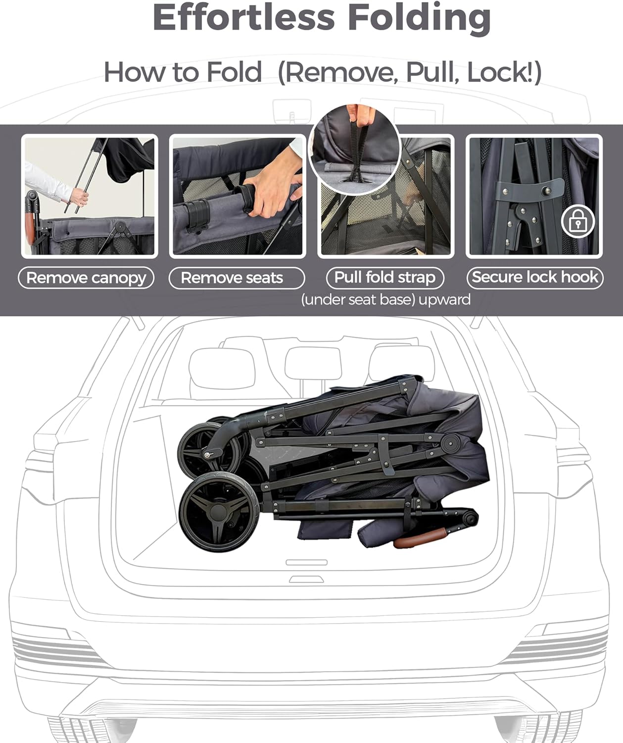 Wagon Stroller for 2 Kids with Insulated Snack Pack Foldable All-Terrain Wagon Stroller, 5-Point Harness & Canopy Parent Organizer Adjustable Handle (Grey)