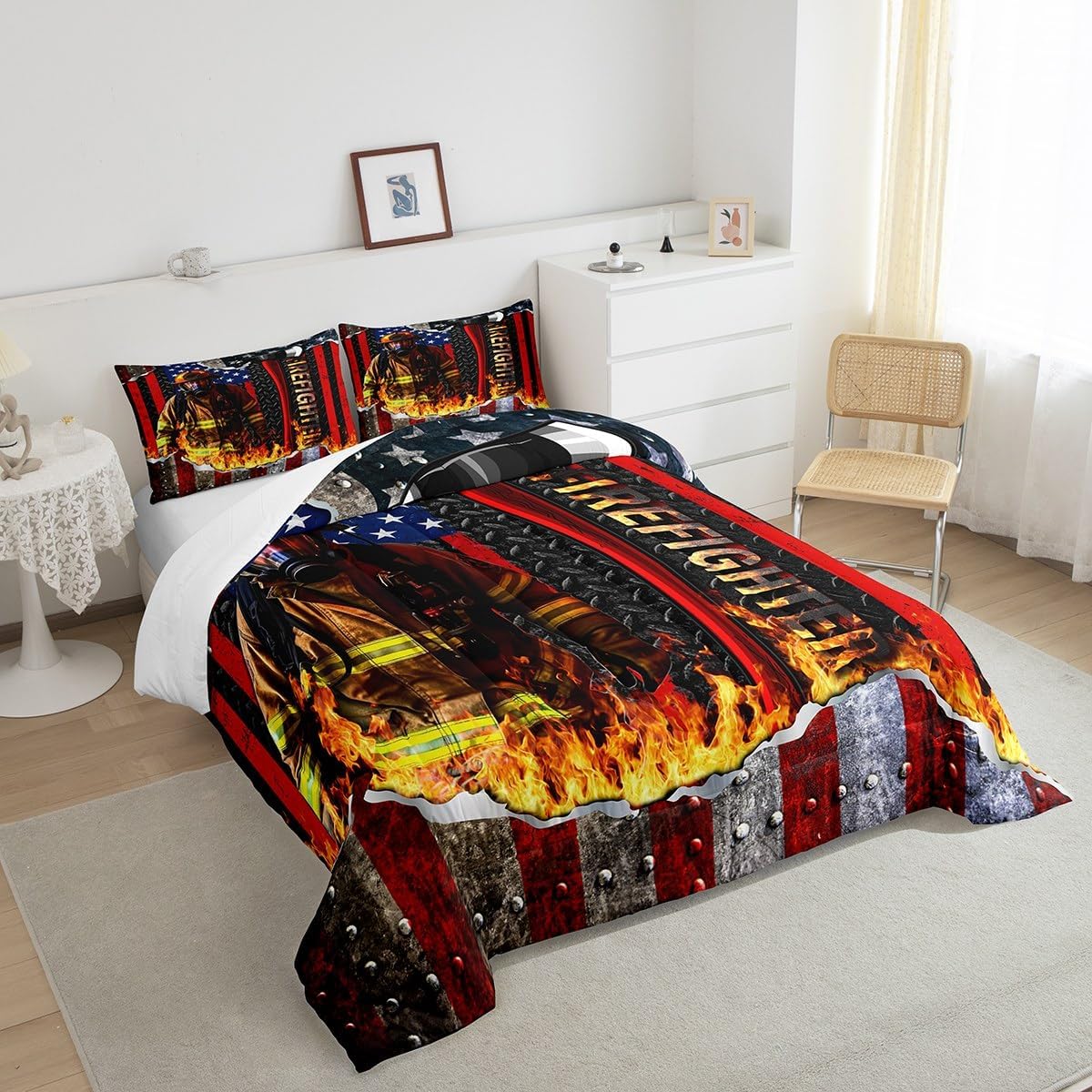 Firemen Boys Comforter Set Queen Size,American Flag Geometric Stripes Firefighter Bedding Set,Boys Men Room Decor,Fire Fighting Truck Tools Down Comforter,Red Black Retro Duvet Insert,2 Pillowcases
