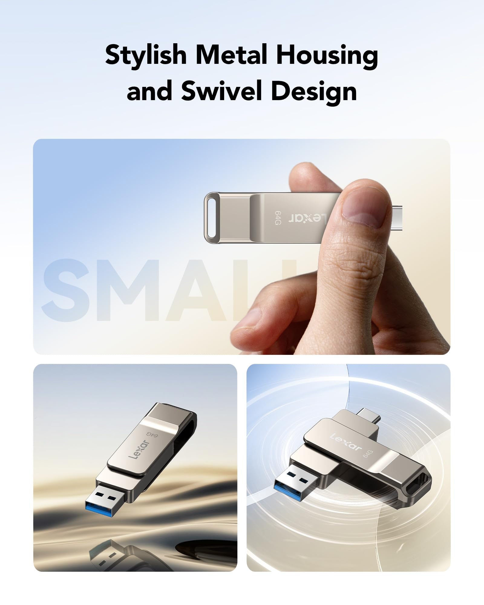 Lexar D40E 64 GB Dual Drive USB 3.2 Gen 1 Type-C Jump Drive, unità flash USB-C con alloggiamento in metallo e design girevole (LJDD40E064G-BNSNG)