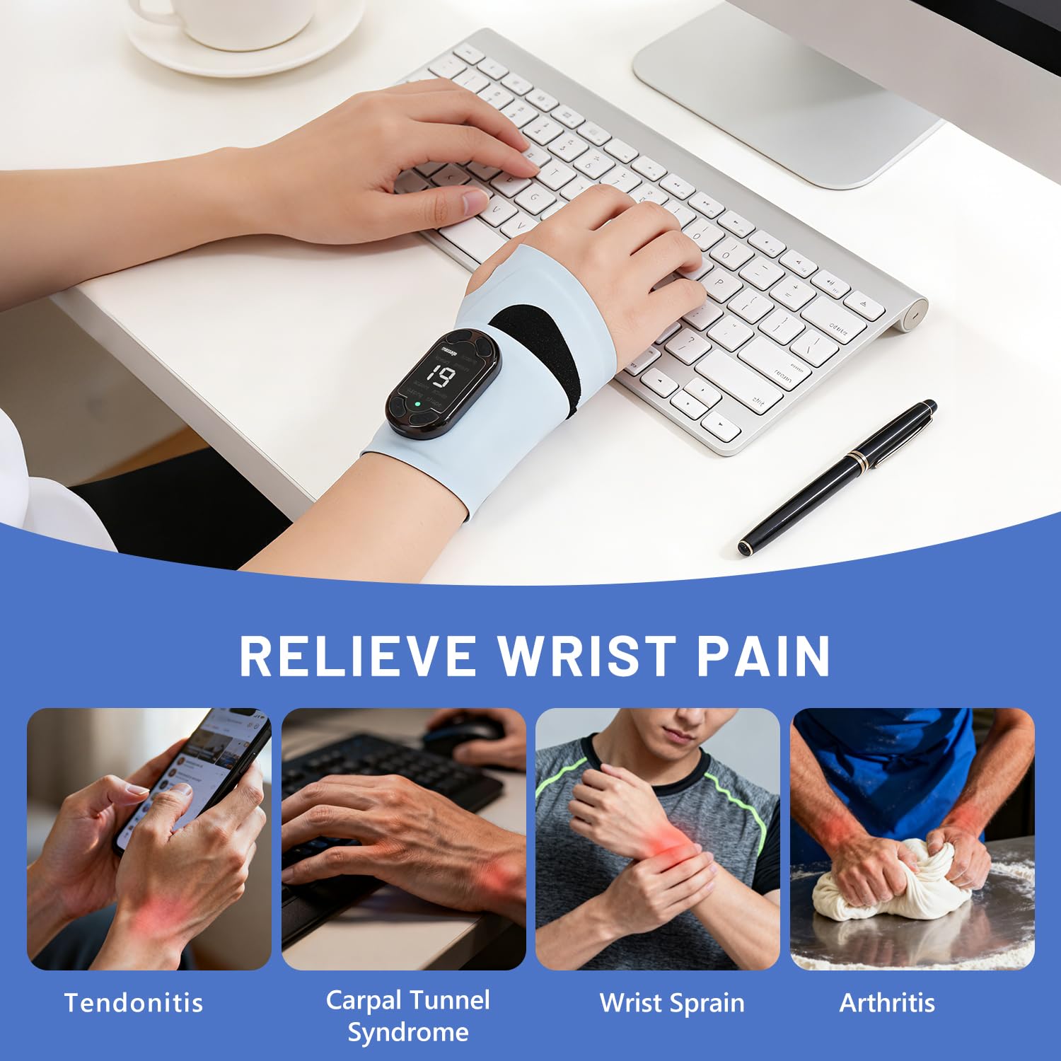Électrostimulateur Musculaire,EMS/TENS Électrostimulateur Relaxant à Poignet,8 Modes et 19 Niveaux d'Intensité,Rechargeable,Soulage vos douleurs au quotidien,Douleurs musculaires