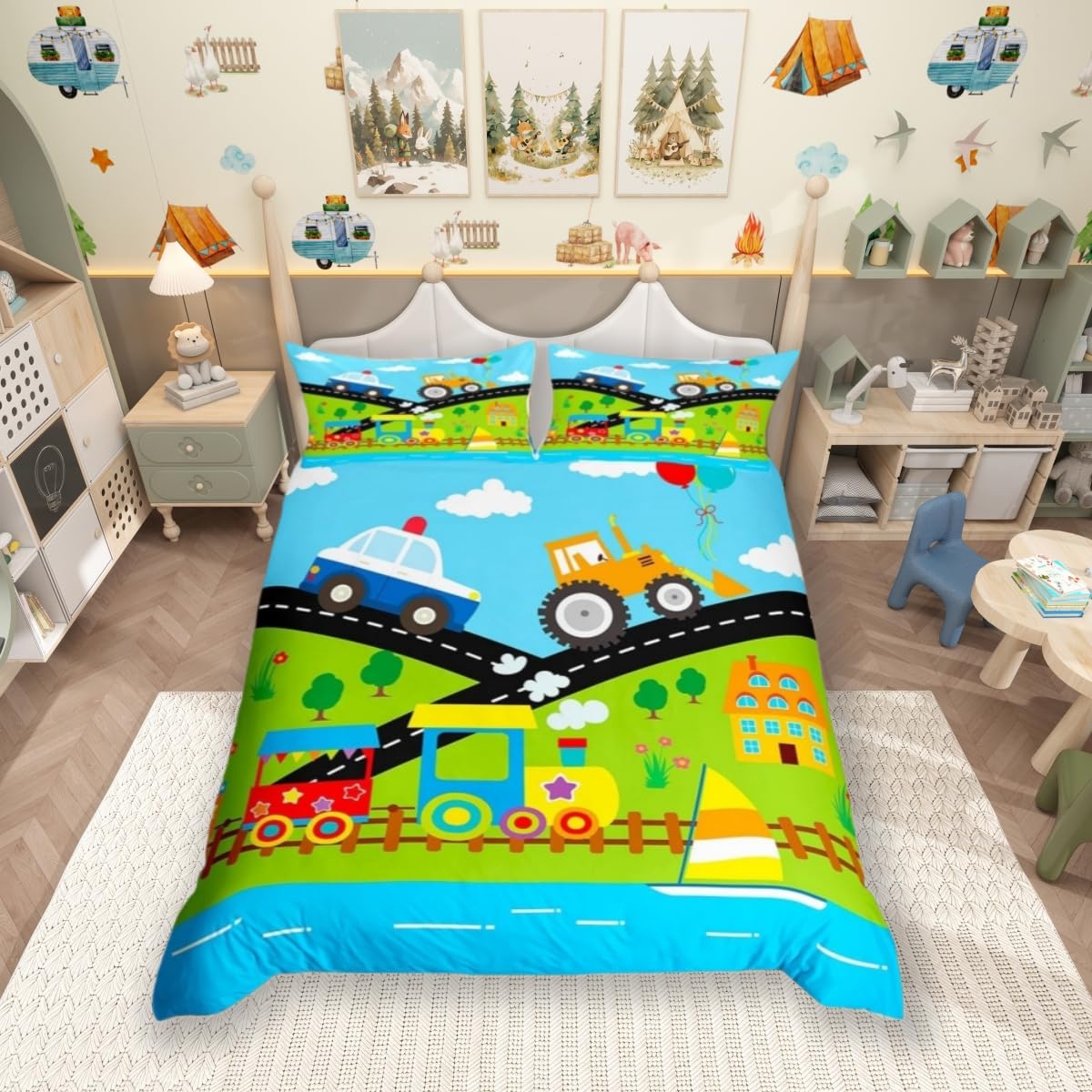 Feelingyou Boys Car 04 Police Car Bedding Set,Train Truck Duvet Cover For Teens,Kids Colorful Cartoon Cars Comforter Cover Decorative Room,Children Sky Grass Quilt Cover With 2 Pillowcases,Double Size