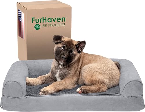 Furhaven - Cama de espuma viscoelástica para perro estilo sofá de felpa y gamuza con funda extraíble lavable, color gris, tamaño jumbo (XL)