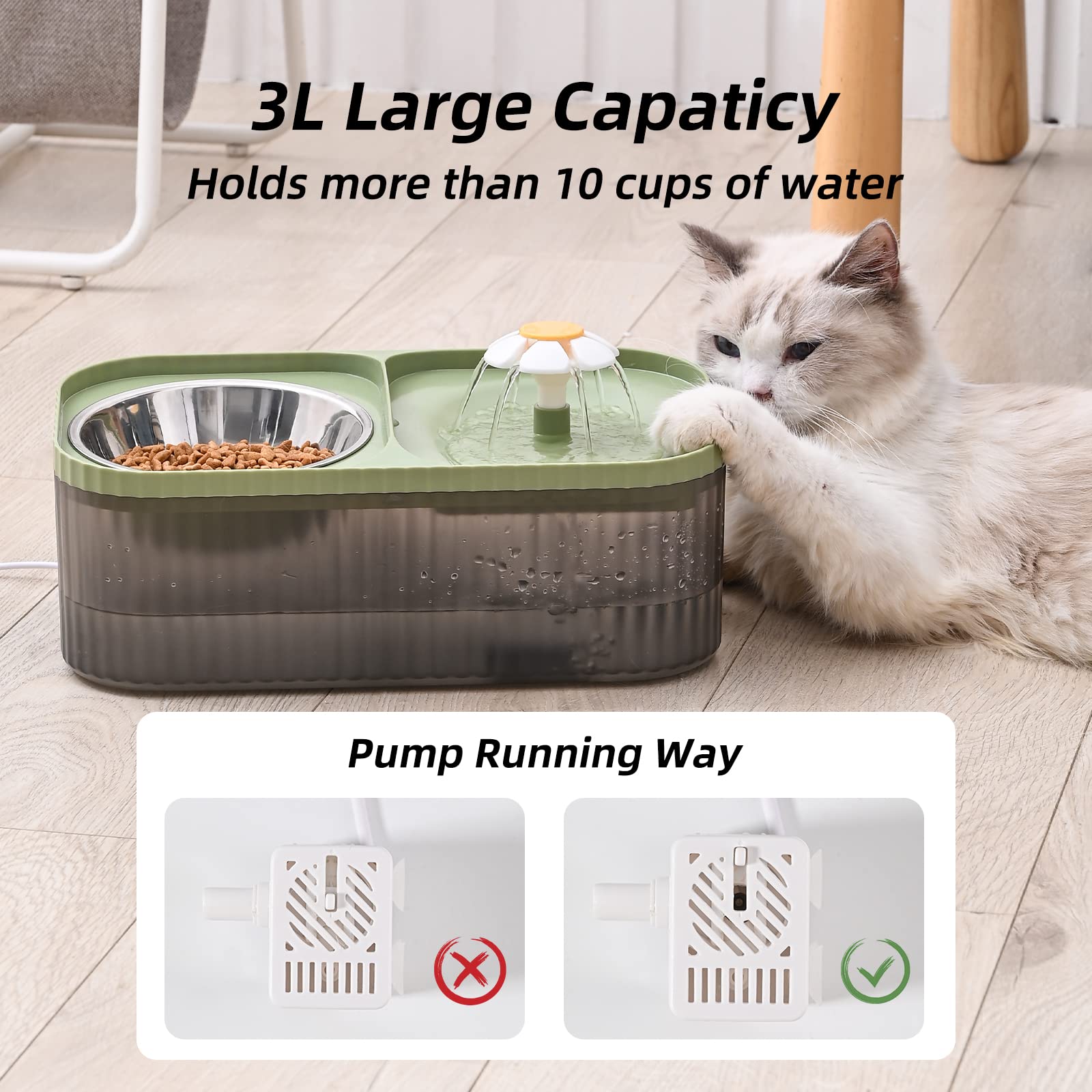 Fuente de agua y cuenco de comida para gatos, dispensador de agua ultra silencioso para mascotas de 3L/2,863.3 g con bomba inteligente y 3 filtros de repuesto, fuente automática de flores y