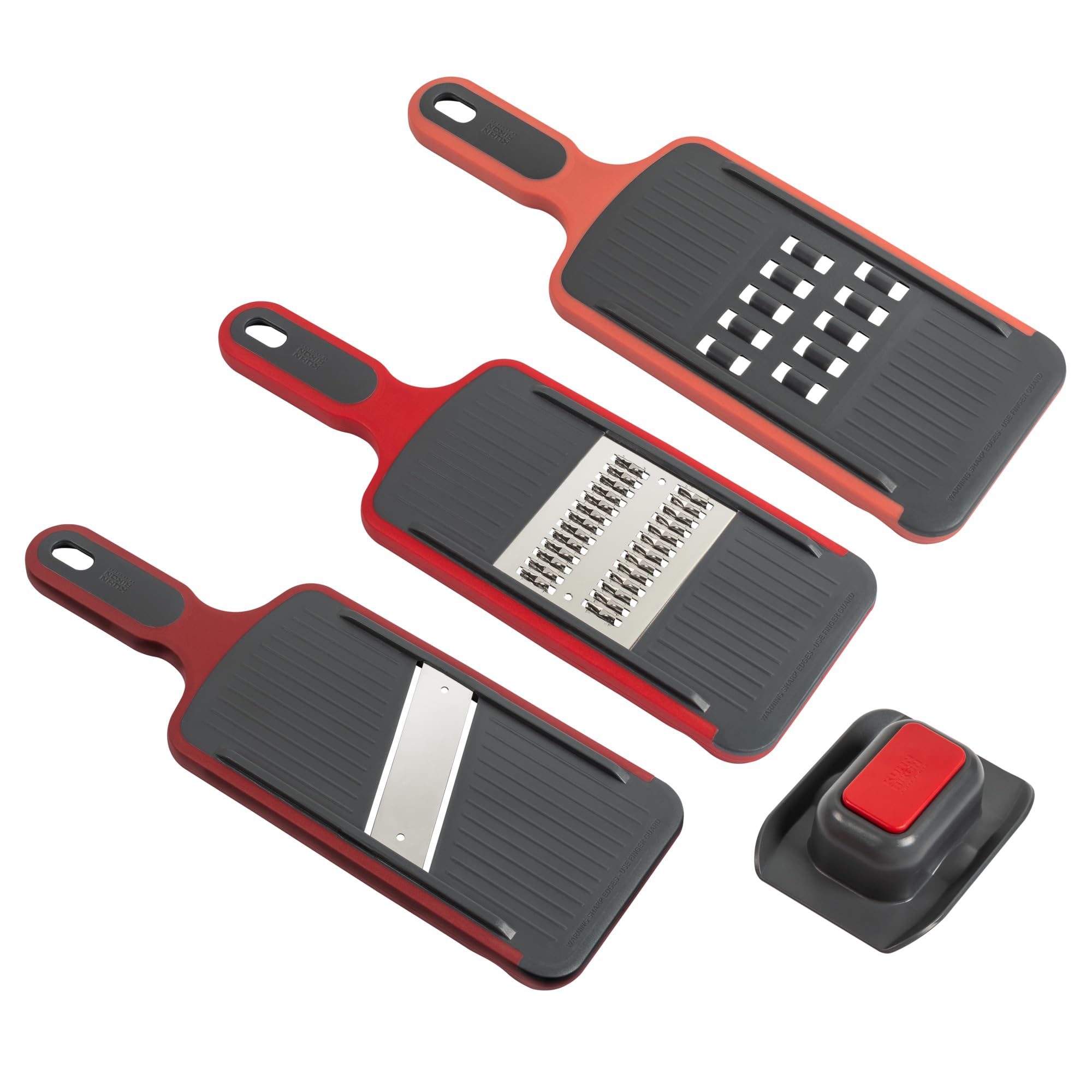 Kuhn Rikon Grater & Slicer Set 3 Pieces Red, Mandoline Slicer, Coarse and Julienne Graters, Finger Guard, Non-Slip Feet, Stackable Kitchen Prep Set - Easy Grater & Slicer