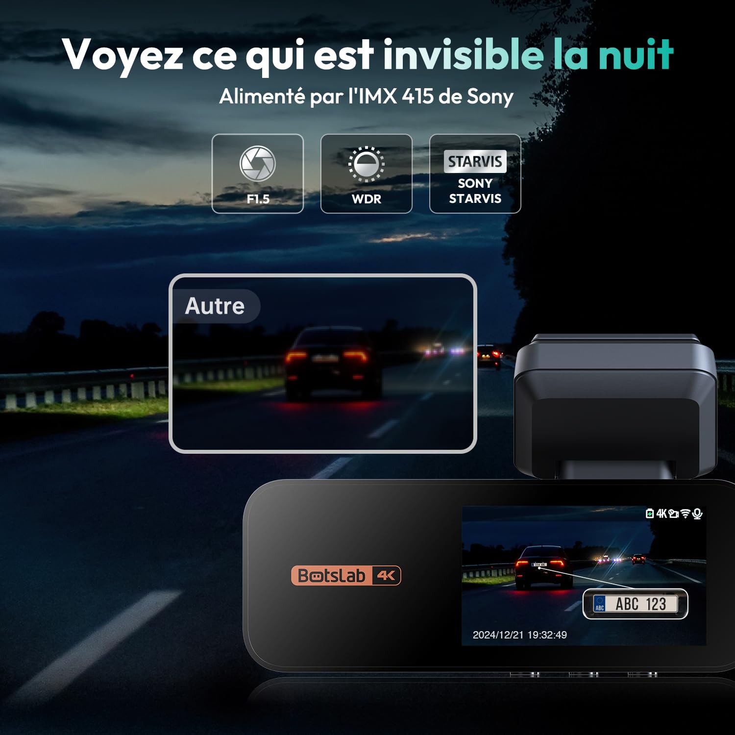 BOTSLAB Dashcam Voiture Avant Arrière 4K+2K, Camera Embarquée Voiture WiFi GPS avec Carte SD 64G, Caméra de Voiture Vision Nocturne, ADAS, Moniteur de Stationnement, WDR, Enregistrement en Boucle
