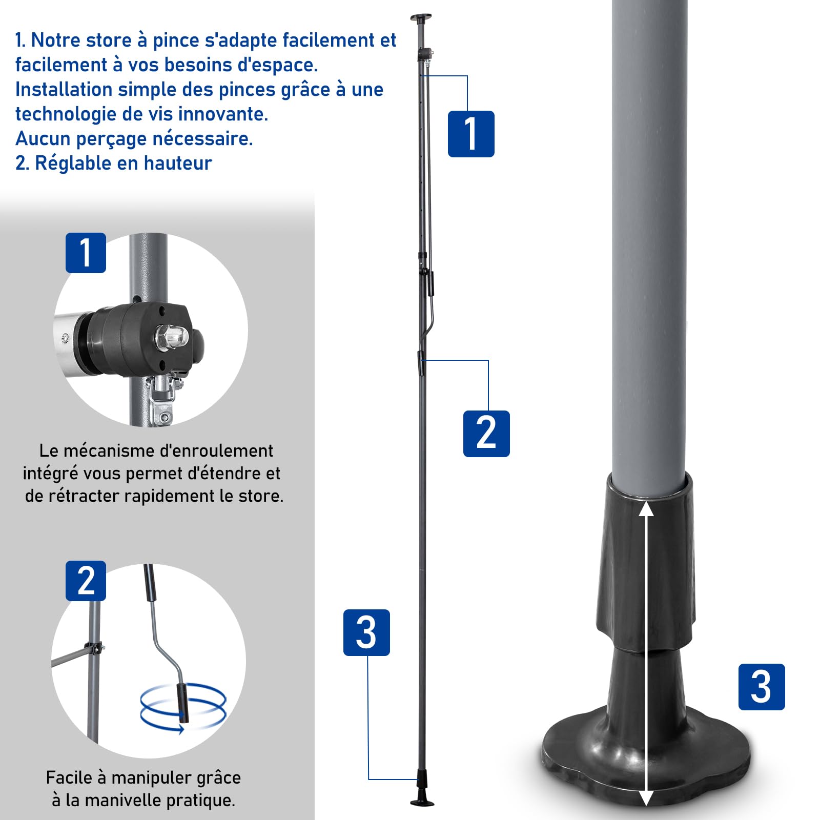 LEADZM Tenda da sole per balcone senza fori, impermeabile, resistente ai raggi UV, regolabile in altezza con manovella, per terrazze, balcone, giardino, negozio (nero, 300 x 120 x (200-300)