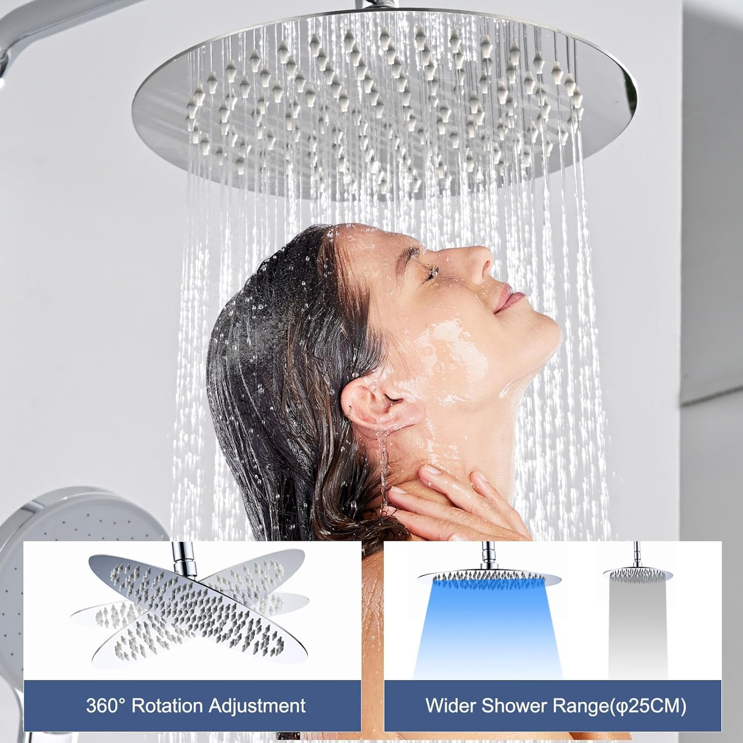 Colonna Doccia Termostatica con Miscelatore, DETBOM Set Doccia in Acciaio Inox 304 - Soffione Pioggia 25cm + Doccetta 3 Jet Autopulente, Kit Completo con Tubo 1.5m e Staffa Regolabile, Rotondo
