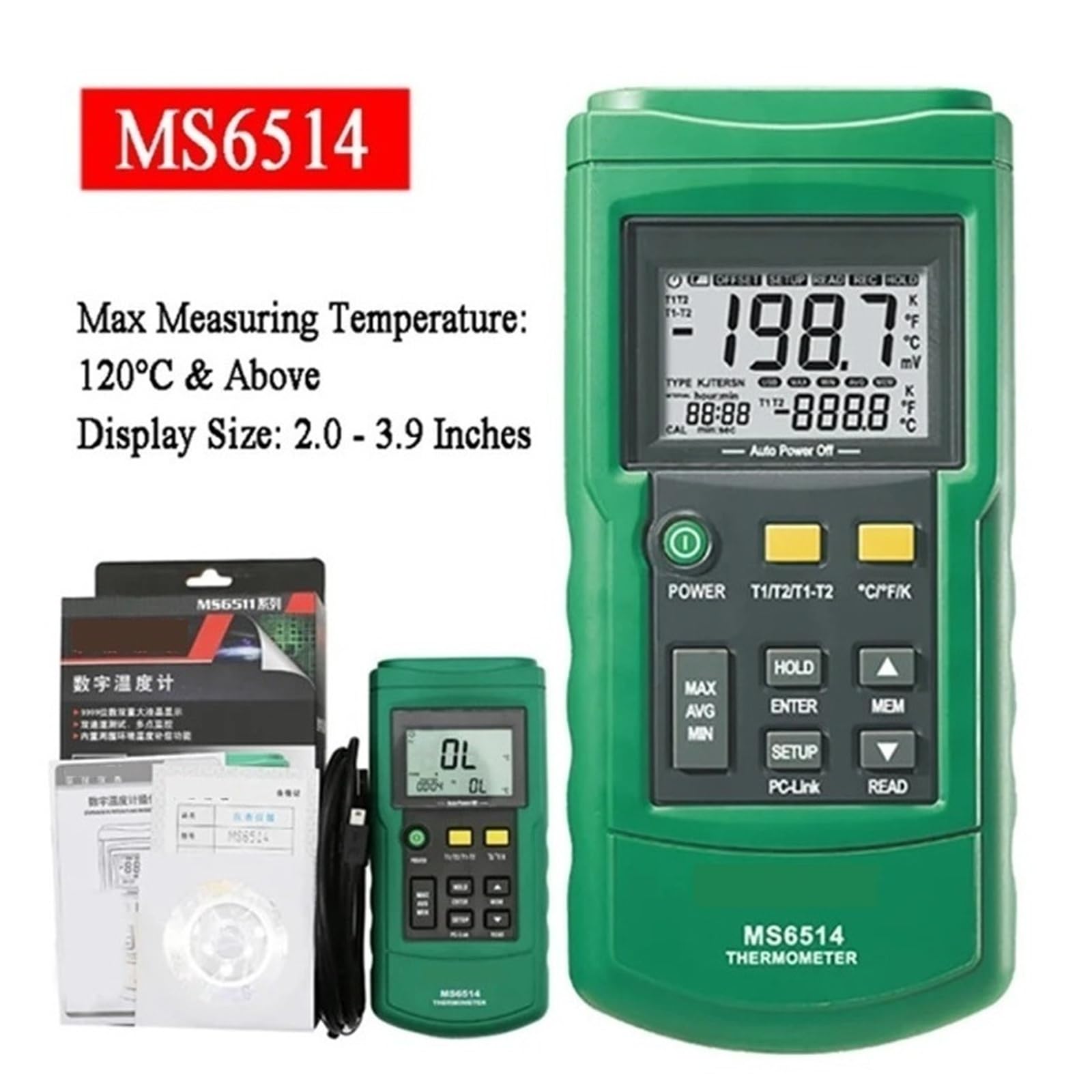 Rejestrator danych MS6514 Dwukanałowy termometr cyfrowy z rejestratorem danych i testerem czujnika temperatury termopary.