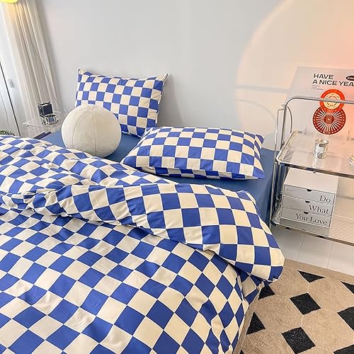 Miniatura 2 de Cottonight Juego de edredón azul real, tamaño Queen, juego de ropa de cama a cuadros con patrón de búfalo azul brillante y blanco, edredón suave