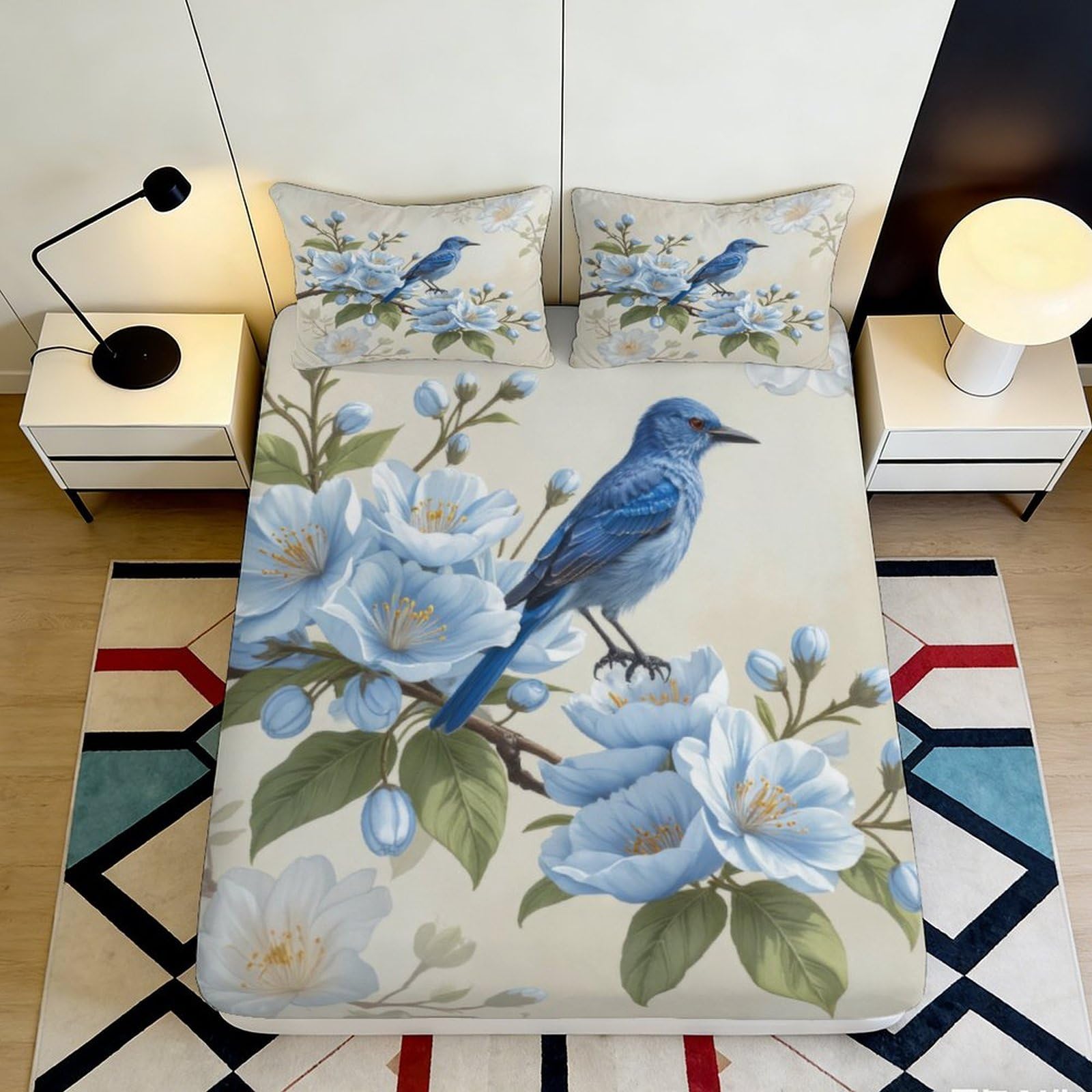 3D Printed blue bird floral Fitted Sheet Microfiber soft touch for main bedroom decor, wrinkle resistant, guest room bedding, dustproof easy care 140x200x25cm