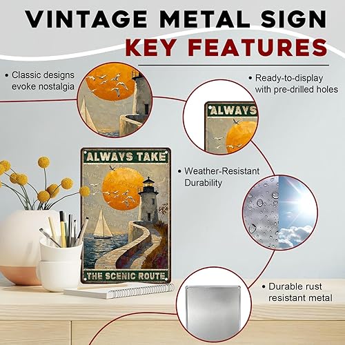 Miniatura 2 de Letrero de metal con cita de inspiración vintage, con texto en inglés "Always Take The Scenic Route" (Always Take The Scenic Route), placa de arte