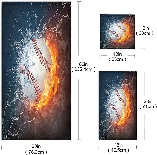Vista 3 de ALAZA Juego de toallas de baño, toallas de fuego de agua de béisbol, 3 piezas, 1 toalla de baño, 1 toalla de baño, 1 toalla de mano, juego de 3