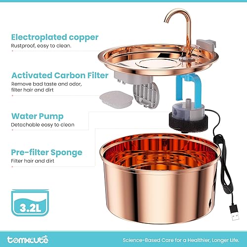 Miniatura 6 de Tomxcute Cat Water Fountain Stainless Steel - 108oz3.2L Cat Fountain for Drinking- Large Capacity Pet Water Fountain - Copper Surface
