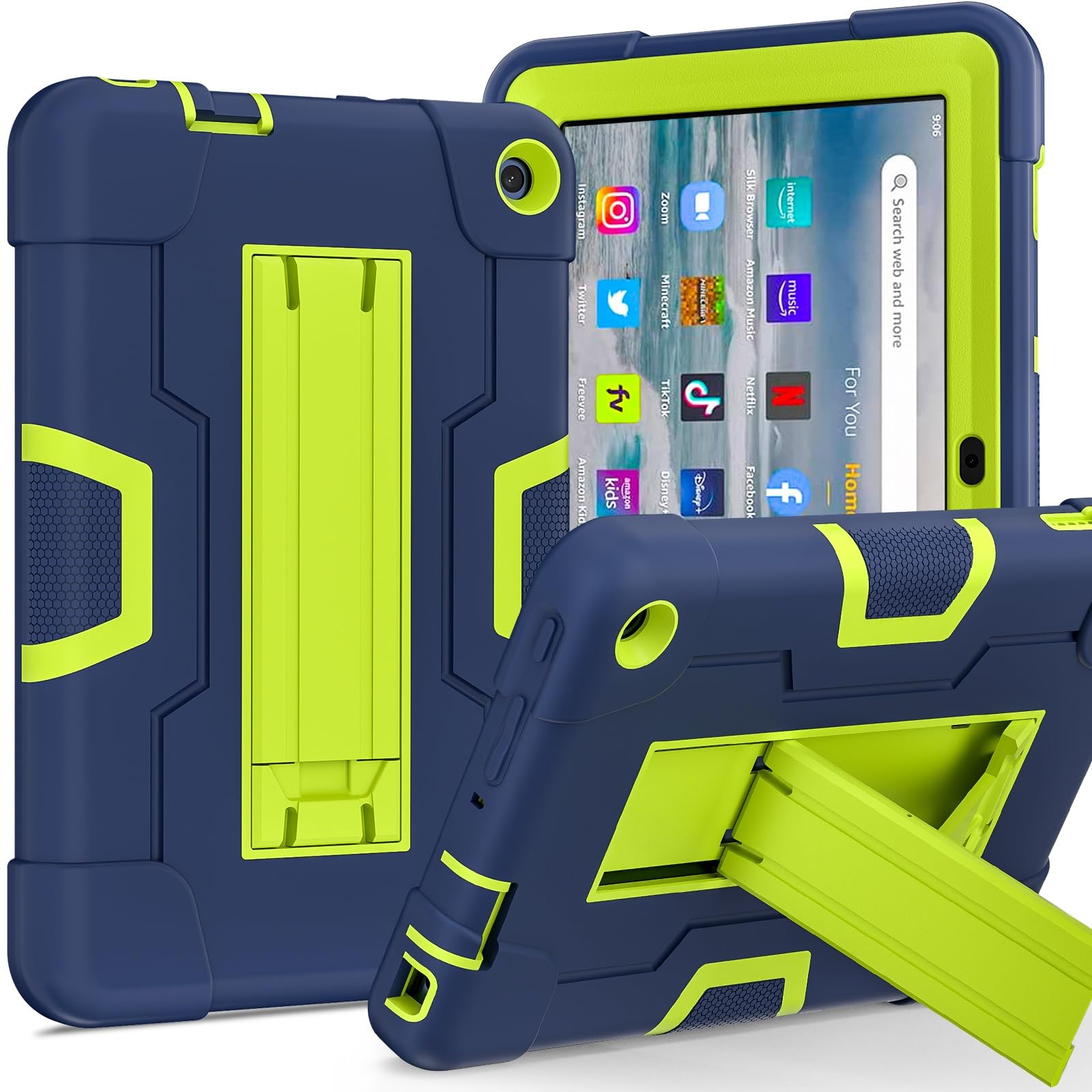 Etui ochronne kompatybilne z etui Kindle Fire 7 2022 Silikonowe na tablet podpórką, wytrzymała, odporna wstrząsy obudowa Wytrzymała osłona ochronna kompatybilna(Navy Blue+Qlivine)