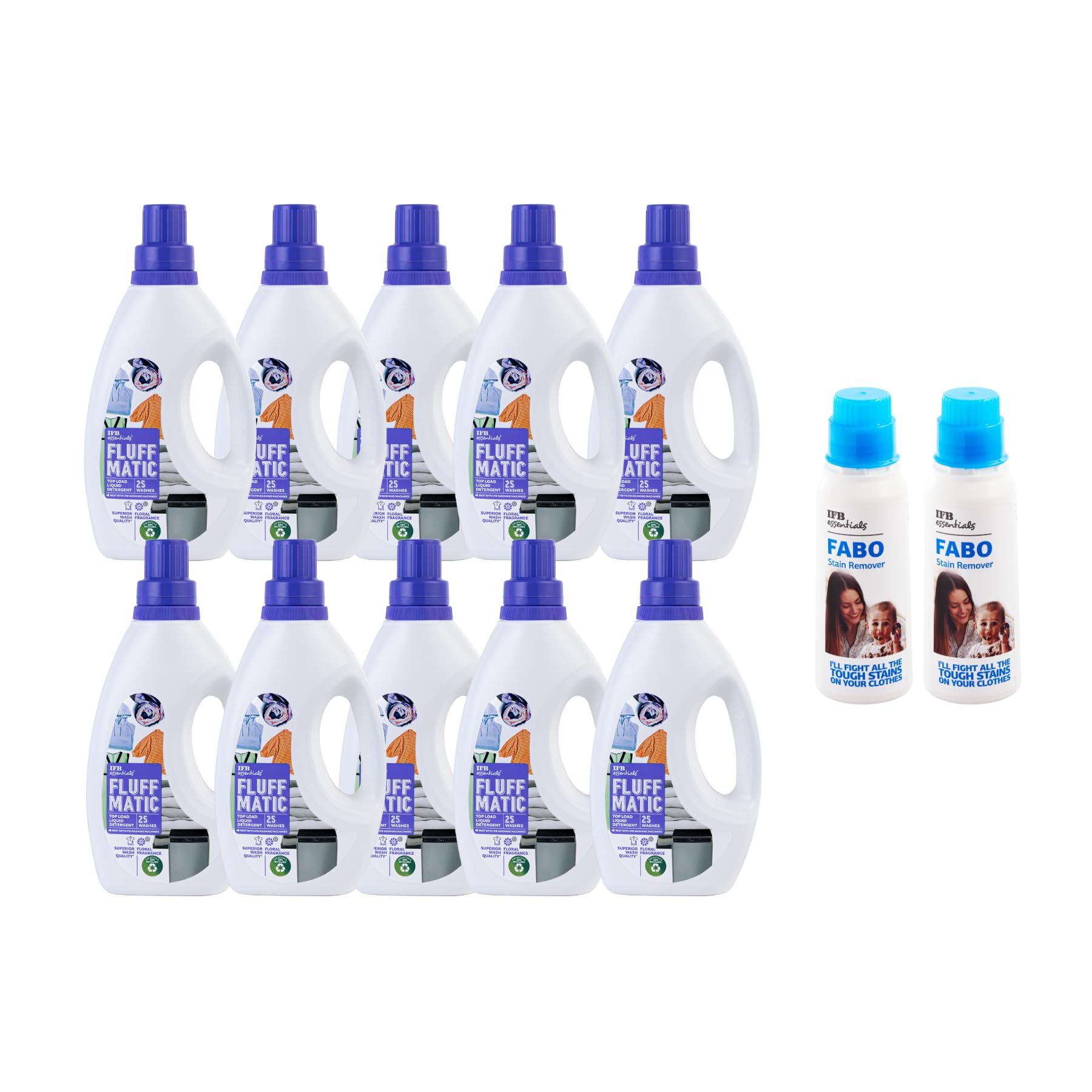 IFB essentials Top Load Liquid Detergent 880 ml (Pack of 10) with Fabo Stain Remover 100 ml (Pack of 2)