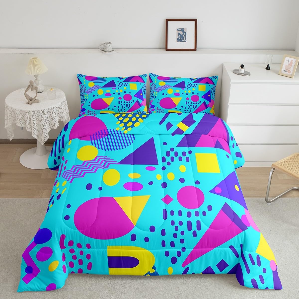 80s Bedding Set Memphis Pattern Old Fashion Quilt,Vintage 90s Memphis Style Comforter Set Abstract Geometric Pattern Retro Duvet Insert Full,Rainbow Urban Modern Circles Triangle Room Decor