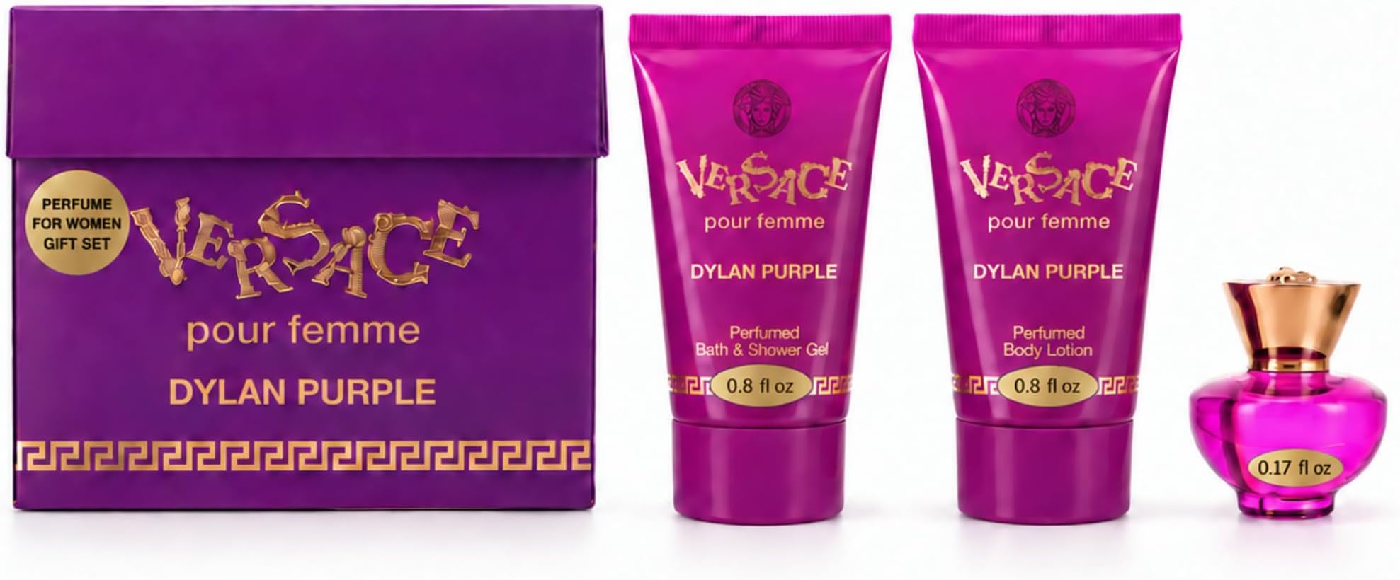 Versace Dylan Purple for Women 3 Piece Set Includes: 0.17 oz Eau de Parfum + 0.8 oz Perfumed Bath Shower Gel + 0.8 oz Perfumed Body Lotion