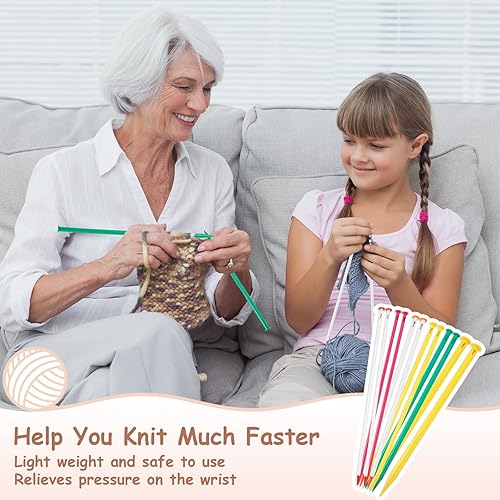 Miniatura 4 de Juego de 12 agujas de tejer de plástico largas y rectas para principiantes de 15.75 pulgadas, colores arcoíris de 0.276 in a 0.630 in, kit de agujas