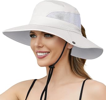 Womens Sun Hat - Sun Hats for Women with Ponytail Hole, Foldable Wide Brim Cooling Mesh Beach Fishing Hat for Outdoor