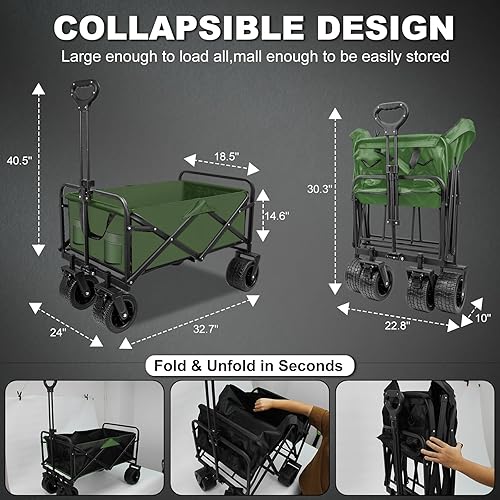 Miniatura 3 de SZHLUX Carro plegable plegable, vagón de playa con ruedas grandes para arena, carrito de comestibles utilitario con bolsillo lateral y frenos para