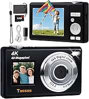 Câmera Digital, Câmera Fotográfica 48Mp 4K - Câmera Digital Compacta com Tela Dupla, Cartão de 32 Gb, Zoom Digital de 16X e Estabilizador de Imagem, Maquina Fotografica Compactas para Viagens (Preto)
