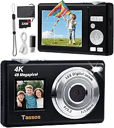 Câmera digital, câmera para vlogs, câmera fotográfica 48MP 4K - Câmera digital compacta com tela dupla, cartão de 32 GB, zoom digital de 16x e estabilizador de imagem para e iniciantes. (preto)