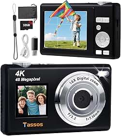 Câmera Digital, Câmera Fotográfica 48Mp 4K - Câmera Digital Compacta com Tela Dupla, Cartão de 32 Gb, Zoom Digital de 16X e Estabilizador de Imagem, Maquina Fotografica Compactas para Viagens (Preto)