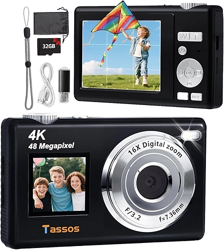Câmera digital, câmera para vlogs, câmera fotográfica 48MP 4K - Câmera digital compacta com tela dupla, cartão de 32 GB, zoom digital de 16x e estabilizador de imagem para e iniciantes. (preto)